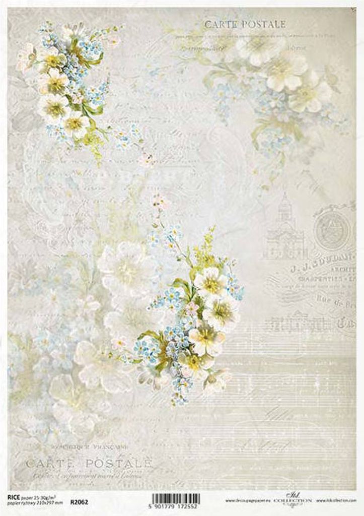 ITD Reispapier Decoupage Bastelpapier R2062 Weiße Blumen, Kamille, Vergissmeinnicht