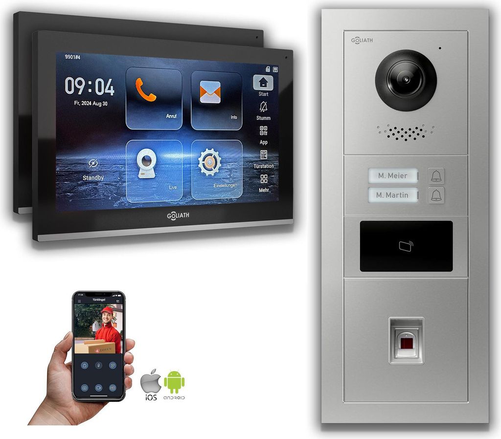 Goliath IP Video Türsprechanlage: 10-Zoll 2 Familienhaus, Fingerprint, RFID, Silber : 10 Zoll in Schwarz : Aufputzdose : 4er POE Anschluss über::...