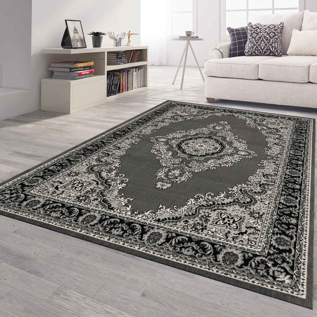 Tapis Orient gris noir classique Ornement tissé serré Poils Image du produit 