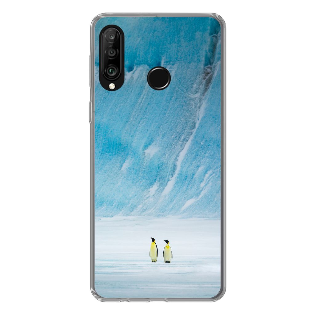 MuchoWow Handyhülle Schutzhülle Hülle für Huawei P30 Lite Zwei Kaiserpinguine vor einem Eisberg Silikon Softcase Handy Hülle - Handyhülle
