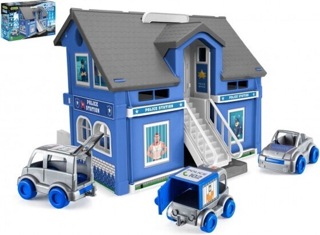 WADER - Spielhaus - Polizeistation aus Kunststoff + 3 Stück Autos + 1 Stück Hubschrauber im Karton 59x39x15cm
