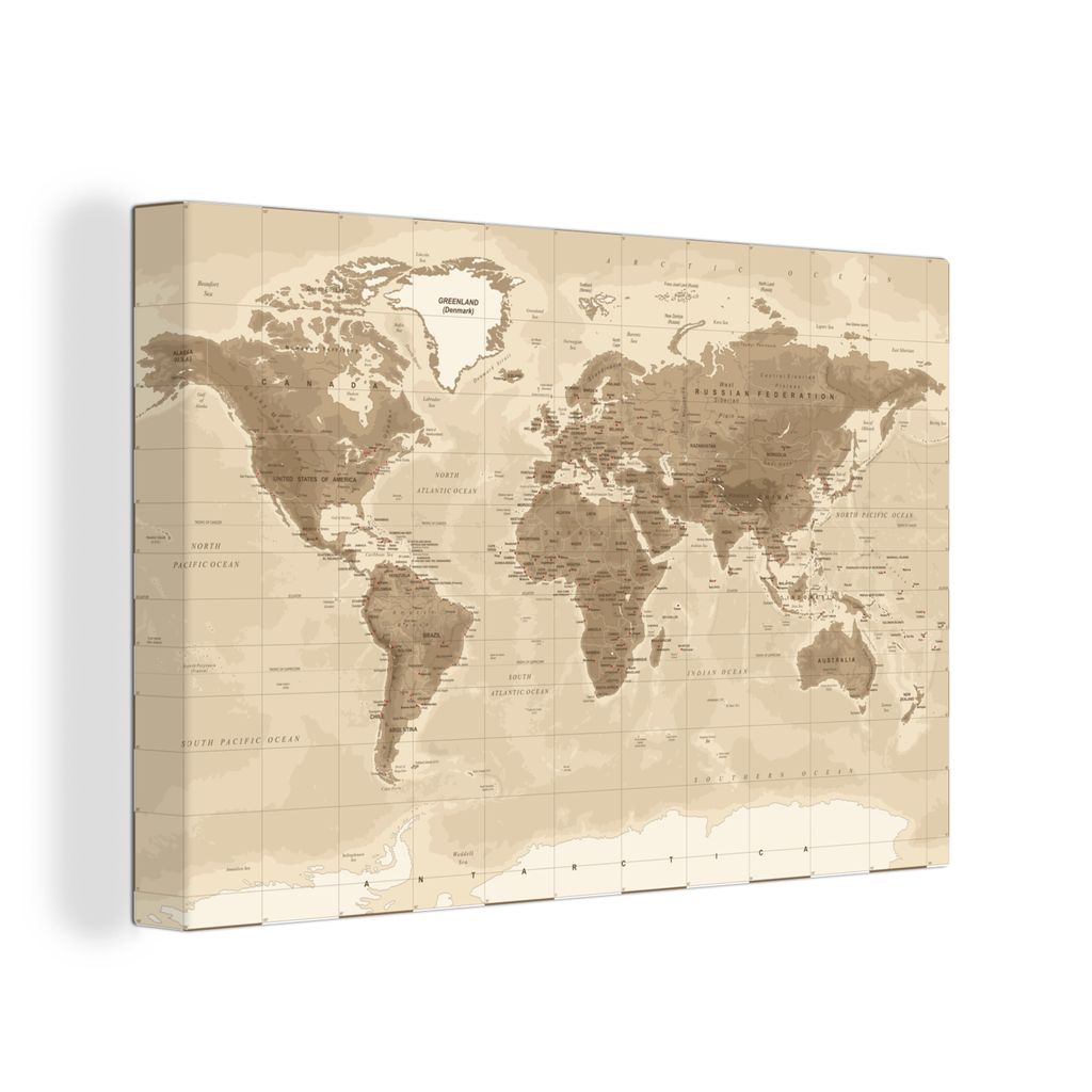 OneMillionCanvasses - Leinwandbilder - 150x100 cm, Weltkarte - Vintage - Braun, Wandbilder Kunstdruck Wanddekoration