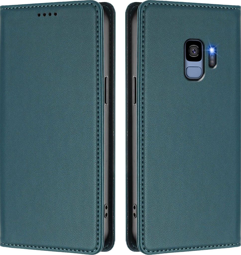 Handyhülle für Samsung Galaxy S9, Kunstleder Klapphülle Stoßfeste Magnetische Hülle mit Ständer Grün
