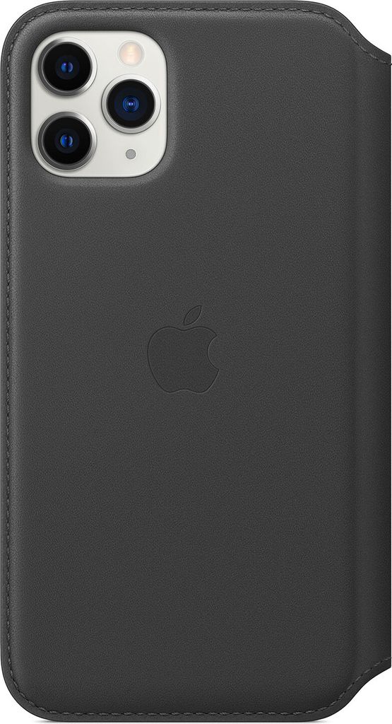 A black leather iPhone case with the Apple logo embossed on it.