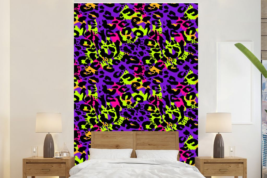 MuchoWow Fototapete für Wohnzimmer oder Schlafzimmer Wandtapete Vinyl Motivtapete Pantherdruck - Neon - Regenbogen - 200x300 cm - Wanddekorationen