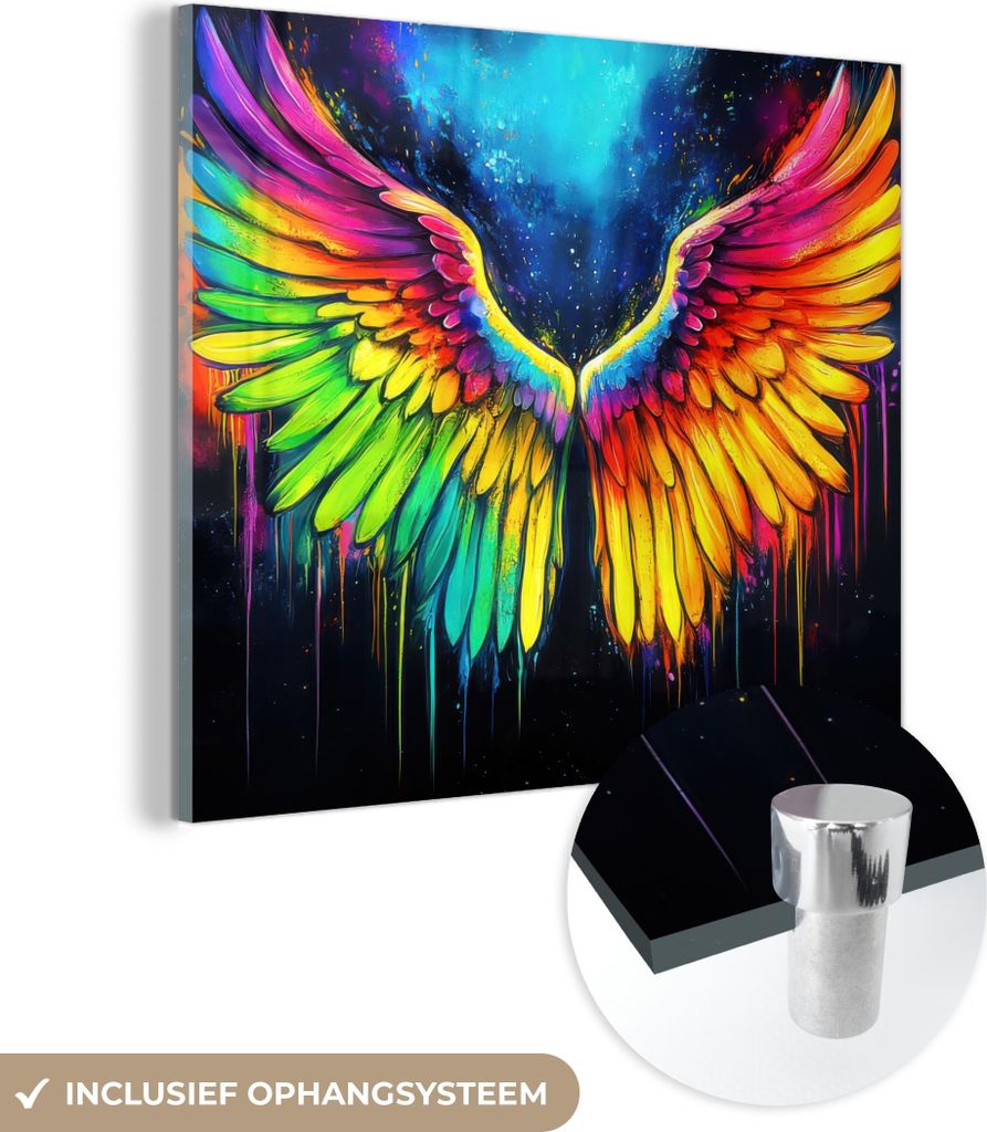 MuchoWow Glasbilder - Bilder auf Wandbild - Foto auf Glas Regenbogenfarben - Flügel - Magisch 40x40 cm Wanddekoration aus Glas - Acrylglasbild - A...