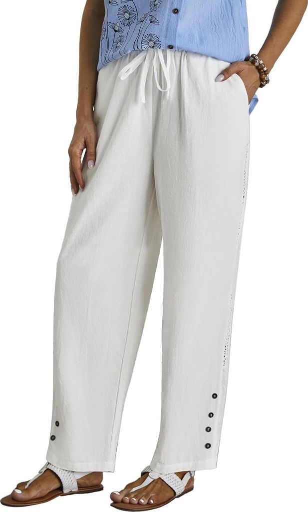 ASKSA Damen Leinenhose Casual Leicht Leinen Hose Gerades Bein Palazzo Freizeithose Einfarbig Hohle Sommerhose (Weiss,M)
