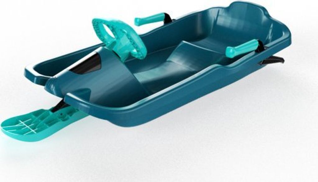 A teal and green plastic sled with a steering wheel, designed for snow.