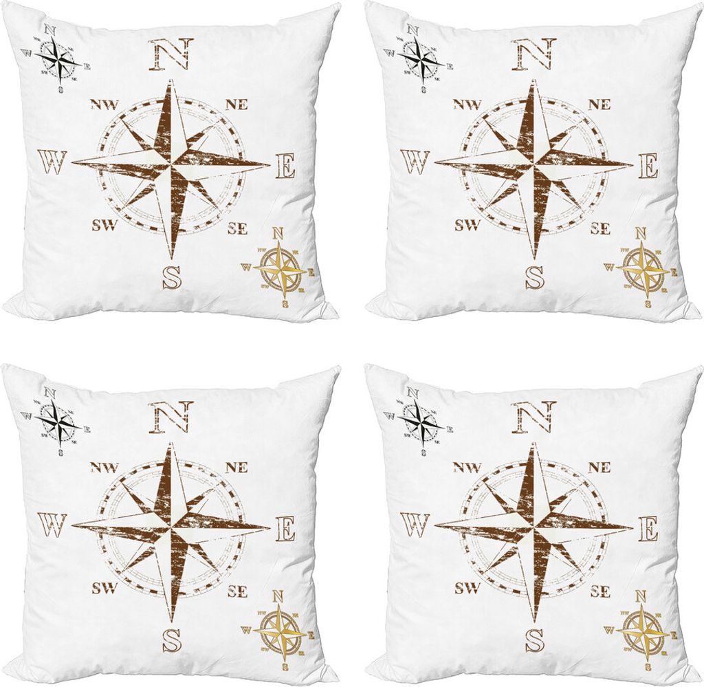 ABAKUHAUS Kompass Kissenbezug Set (4 Stück), Faded Windrose Segeln, Moderner Doppelseitiger Digitaldruck, 40 cm x 40 cm, Weiss-braun