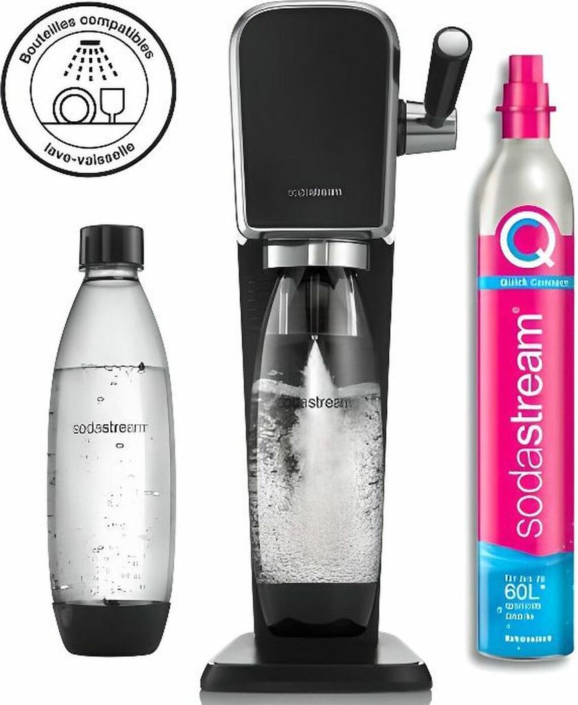 A SodaStream sparkling water maker with a bottle and a CO2 cylinder.