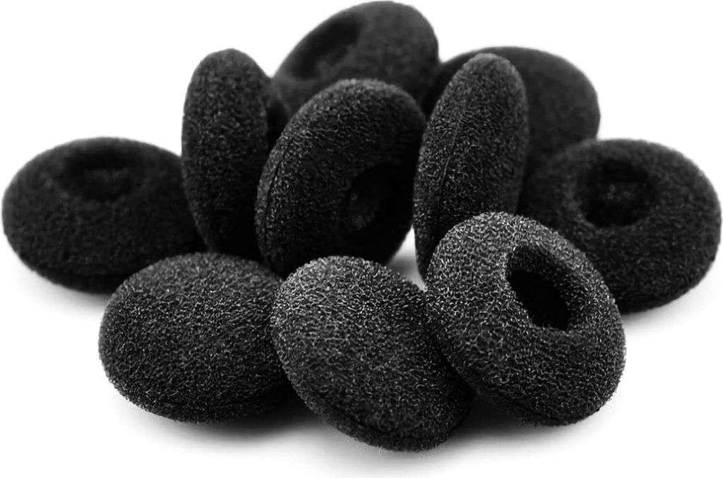 A pile of black foam earbud covers.