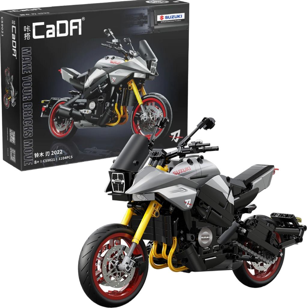 A model of a Suzuki Katana motorcycle is displayed next to its packaging.