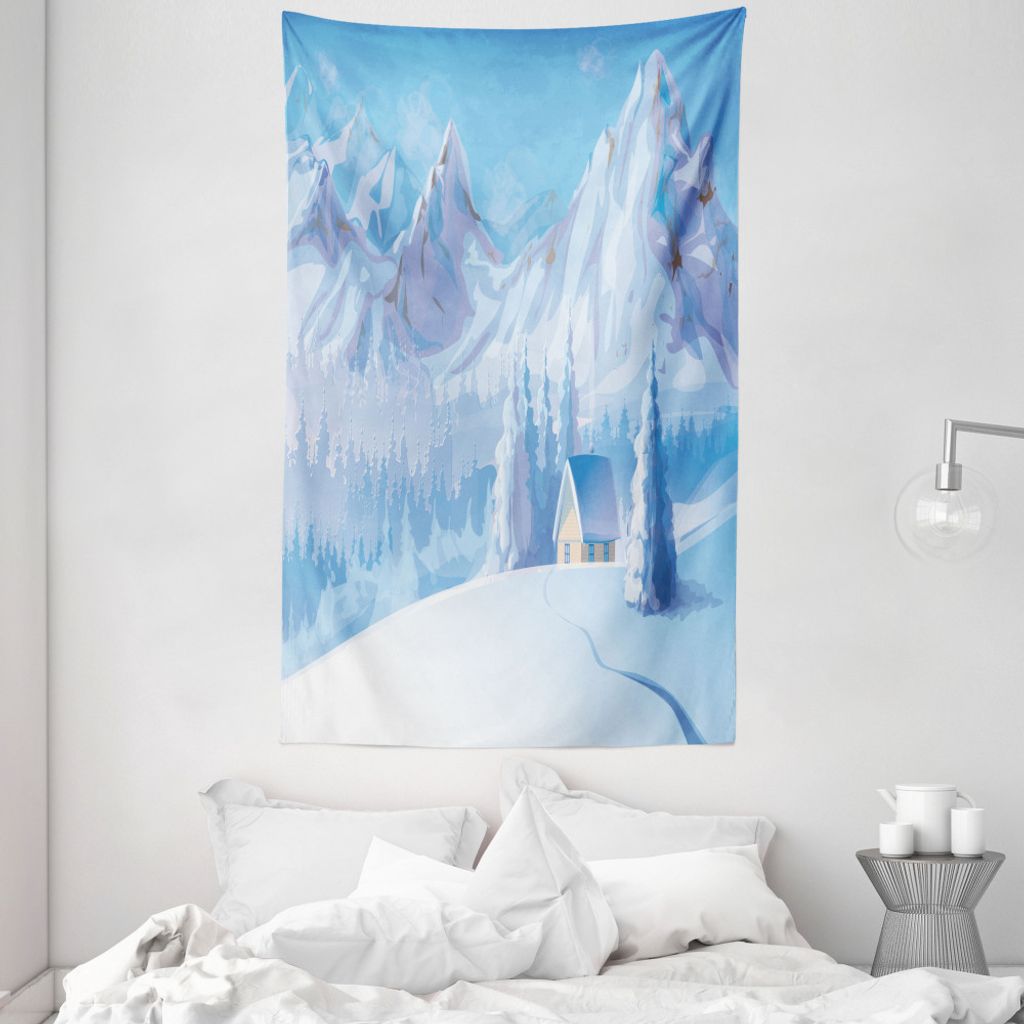 ABAKUHAUS Weiß Wandteppich und Tagesdecke, Little House Mountains aus Weiches Mikrofaser Stoff Waschbar ohne Verblassen Digitaldruck, 140 x 230 cm...