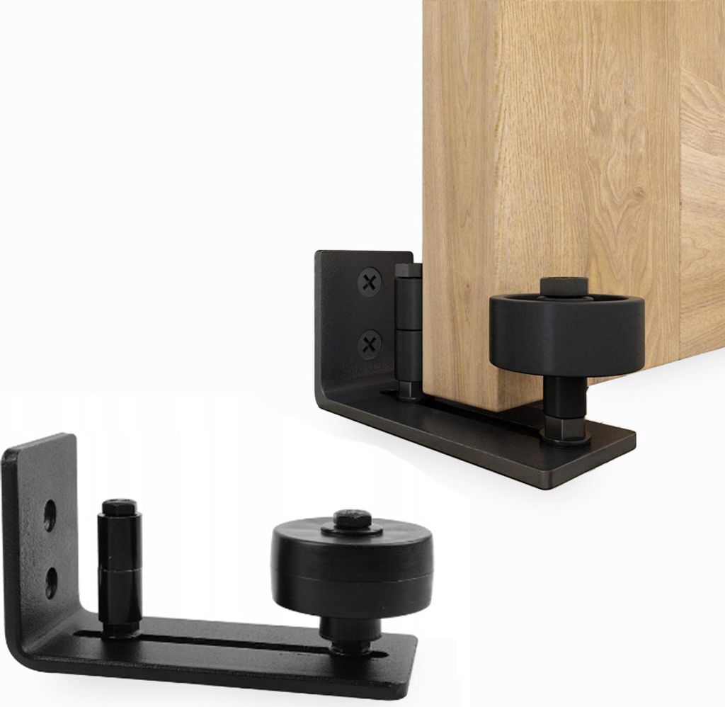 Two black metal sliding door floor guides are shown against a white background. One is installed on a wooden door.