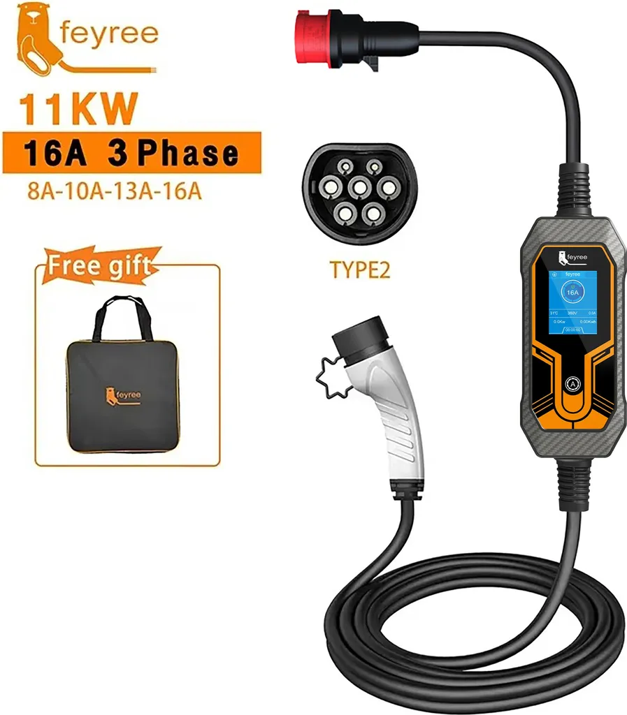 Chargeur EV portable 11kW 16A triphasé Type 2 avec câble de 5 mètres