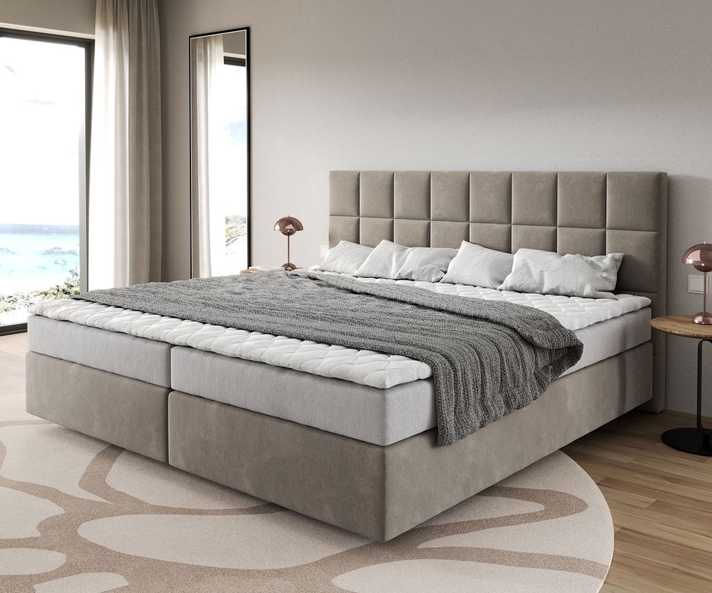 DELIFE Boxspringbett Dream-Fine Mikrofaser Beige 200x200 cm Bonell-Matratze PolyurethanTopper