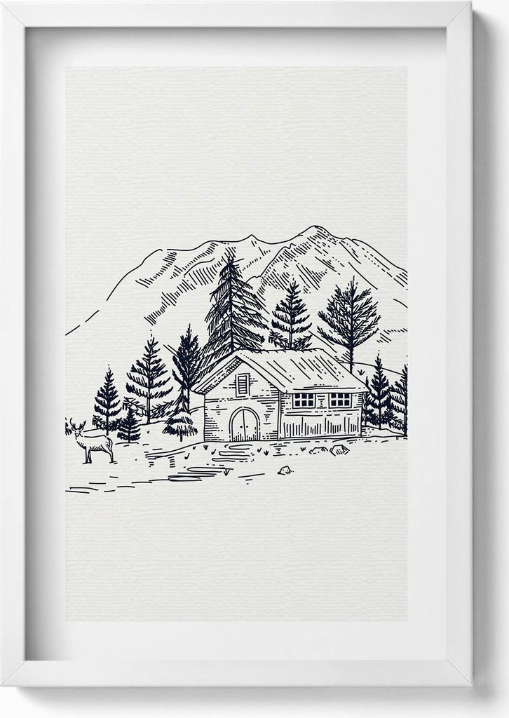 Zeichnung einer Hütte in den Bergen– Wandbild mit Rahmen – Gerahmtes Bild – Wanddekoration – 40x60 cm – Weiß