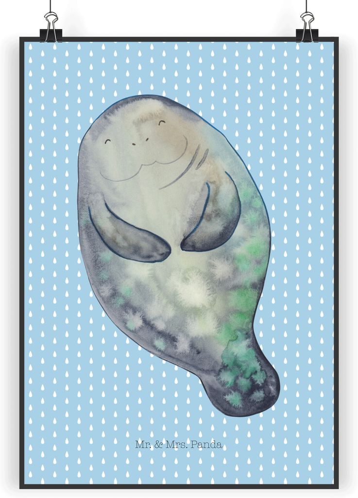 Mr. & Mrs. Panda Bild Seekuh Happy DIN A5 - Blau Pastell - Geschenk, Wandbild, Freundin, Achtsamkeit, wanddeko, Meer, Design Poster, Plakat, Liebes...