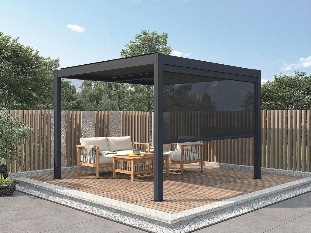 Terrassendach bioklimatisch freistehend aus Aluminium mit verstellbaren Lamellen & ausziehbarer Seitenmarkise 2,78 m - 12 m² - Anthrazit - AMADORA