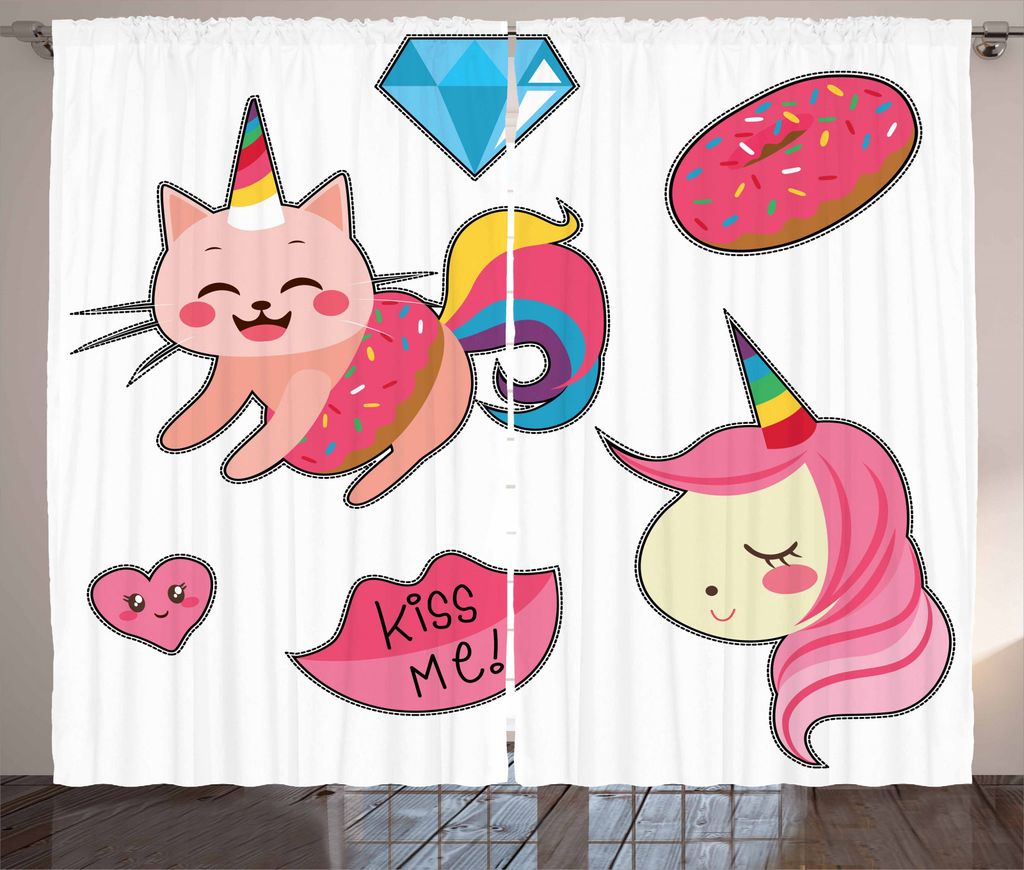 ABAKUHAUS Einhorn-Katze Rustikaler Vorhang, Fantasie, Wohnzimmer Universalband Gardinen mit Schlaufen und Haken, 280 x 245 cm, Mehrfarbig Rosa