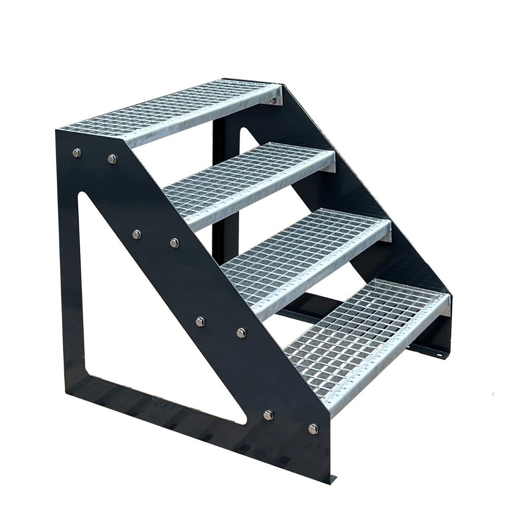 Stahl Freistehende Treppe 4 Stufen Verzinkt Breite 120 cm mit Pulverlackierte Wangen in Anthrazit Höhe 76 cm Gitterrost