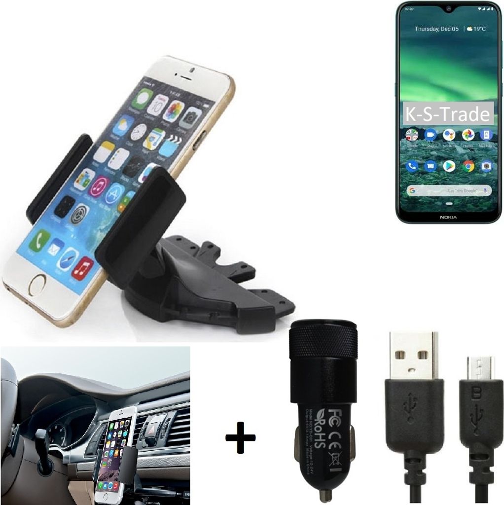 TOP SET K-S-Trade Autohalterung kompatibel mit Nokia 2.3 CD Schlitz Halterung KFZ-Halter Radio Handy Halterung 360° drehbar DVD-Schacht inkl. Micro