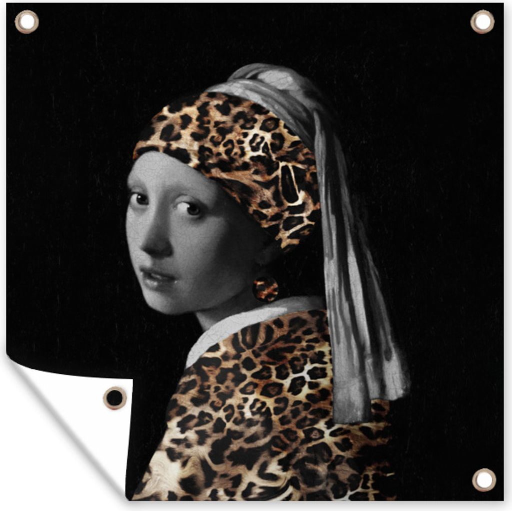 MuchoWow 100x100 cm Outdoor-Poster Gartendeko Sichtschutz Garten Poster für den Garten Das Mädchen mit dem Perlenohrring - Pantherdruck - Johan...