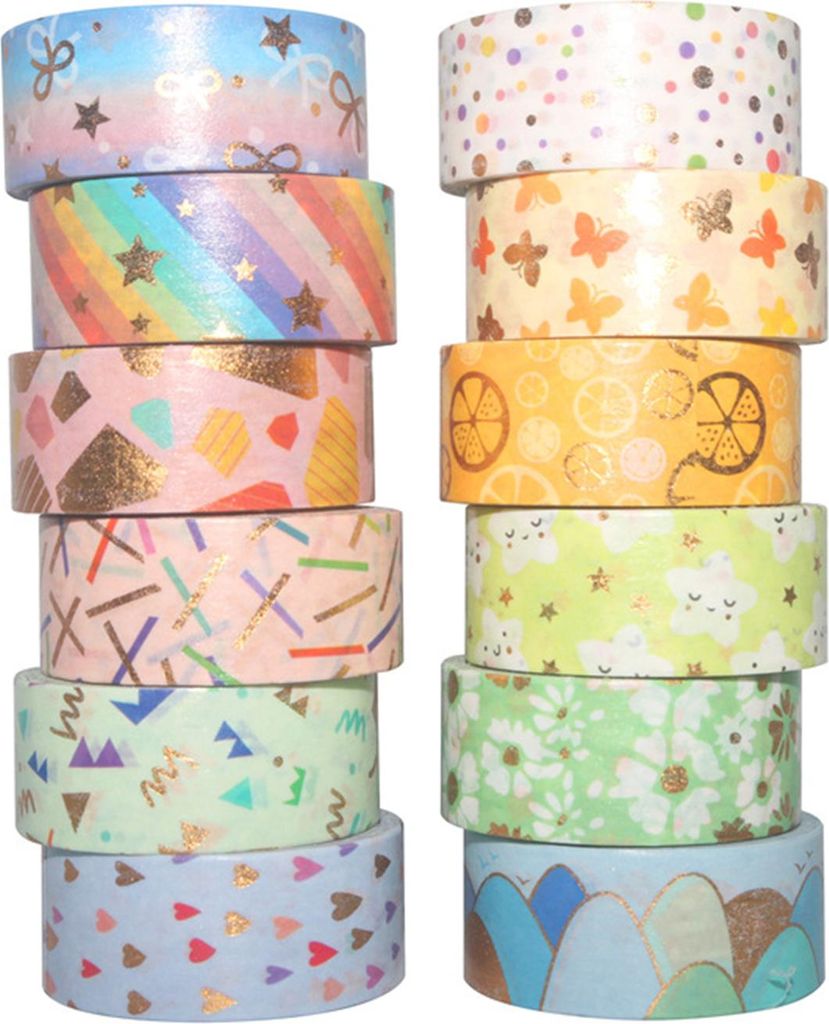 12 Rollen Washi Tape Set, Niedliche Muster mit Goldfolien-Akzenten, 15mm Breite, Dekorative Masking Tape für DIY Basteln, Planer, Scrapbooking