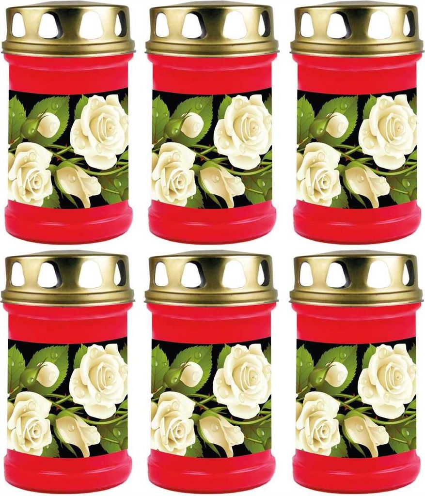Grabkerze Rot 6er Pack, Brenndauer: 48 Stunden ( je Kerze ), Motiv: Rose