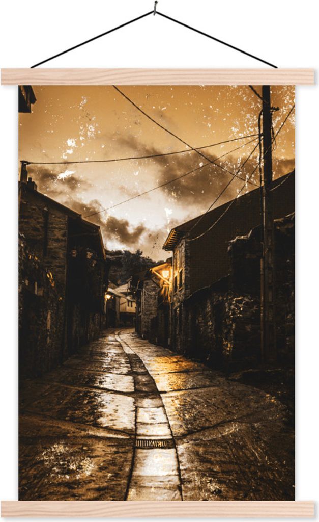 MuchoWow Textilposter Gold - Straße - Häuser 60x90 cm mit holzfarbenen Rahmen - Textil