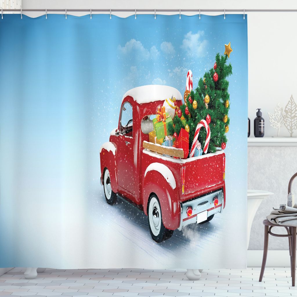 ABAKUHAUS Weihnachten Duschvorhang, Rot-LKW Weihnachtsbaum, Moderner Digitaldruck mit 12 Haken auf Stoff Wasser und Bakterie Resistent, 175 x 220 c...