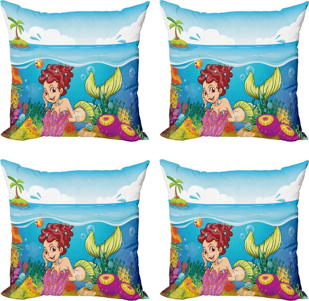 ABAKUHAUS Unterwasser- Kissenbezug Set (4 Stück), Palmen in Insel, Moderner Doppelseitiger Digitaldruck, 50 cm x 50 cm, Mehrfarbig