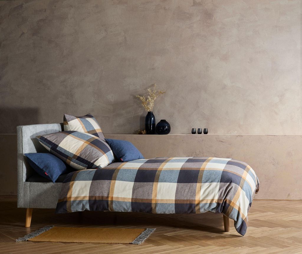 Fleuresse Lech Edelflanell Bettwäsche 155x220 Karo blau gold beige 604578-02