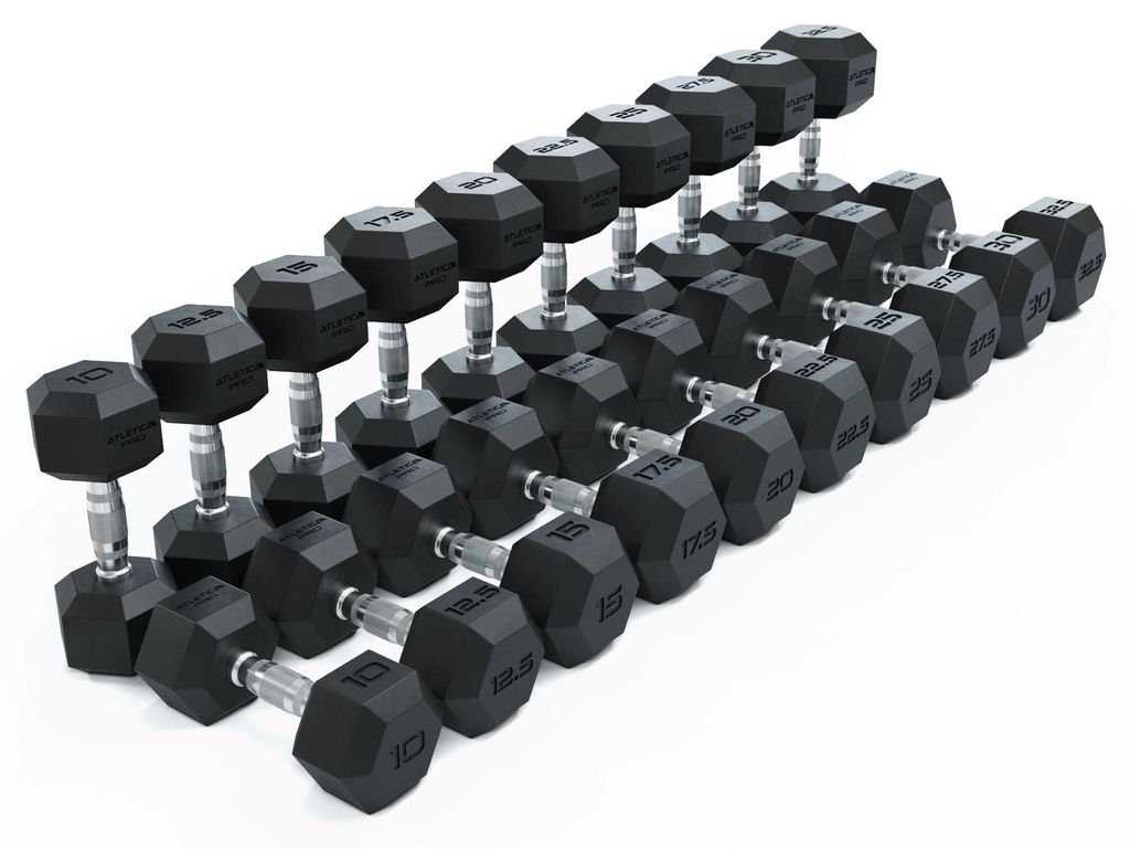 ATLETICA Hexagon Hanteln PRO | Set 10 - 32.5kg | Stoßdämpfende CPU-Ummantelung höchster Qualität | Für Drops geeignet | Hartverchromter Griff