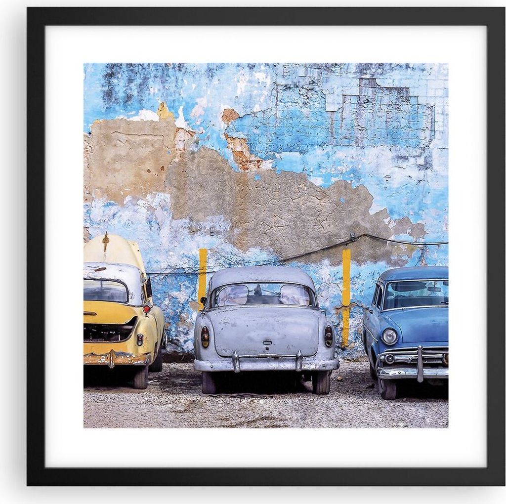 Gerahmtes Poster - Schwarzer Rahmen - Havanna Oldtimer Autos - 40x40 cm - Wand Bild - Wanddeko - Wandbilder - Kunstposter - Wandposter - Bilderrahm...