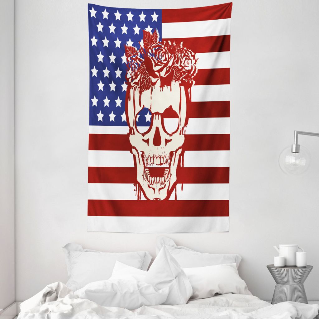 ABAKUHAUS Amerikanische Flagge Wandteppich und Tagesdecke, Schädel-Blumen aus Weiches Mikrofaser Stoff Waschbar ohne Verblassen Digitaldruck, 140 ...