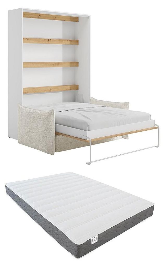Schrankbett 140 x 200 cm - Manuelles vertikales Öffnungssystem - Mit LEDs - Weiß und Natur + Sofa + Matratze - RAPILI