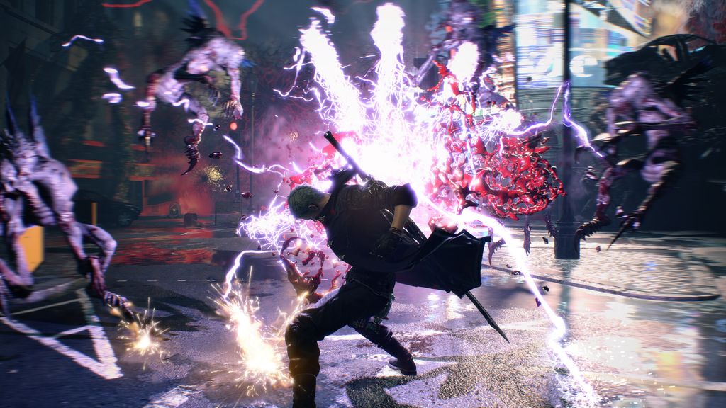 A character in a video game is fighting demonic creatures with energy attacks.