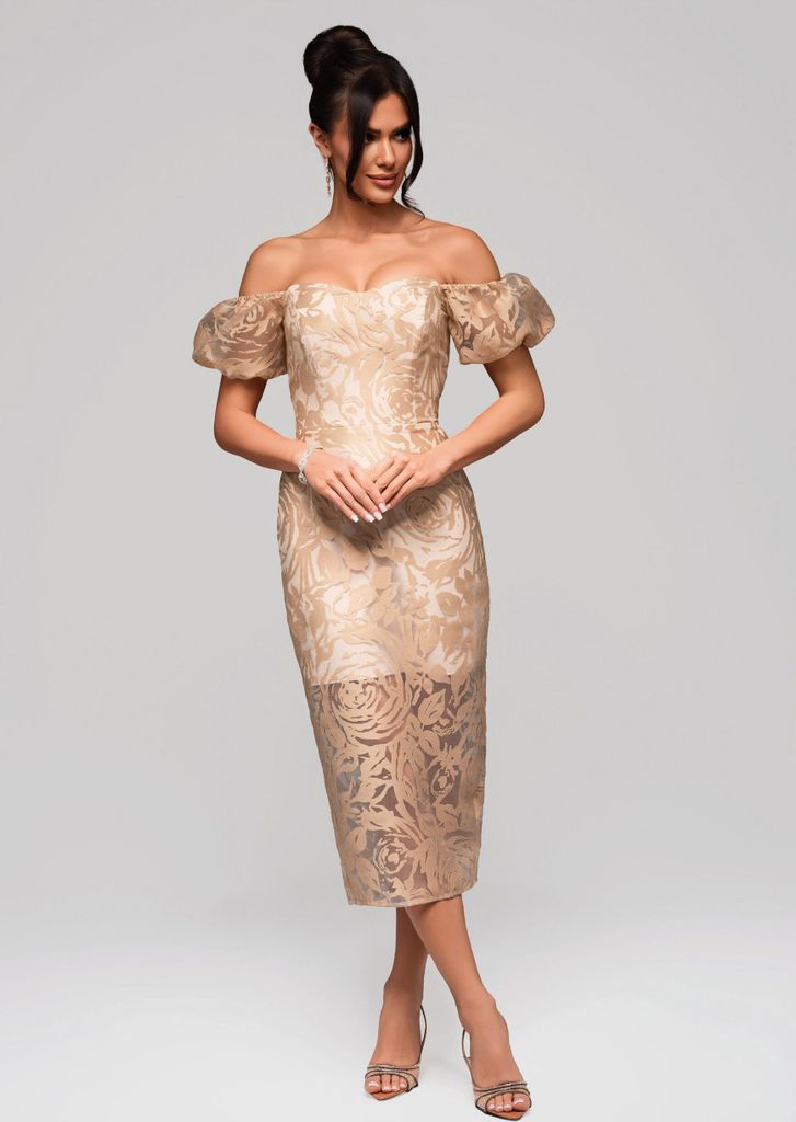 Ombre Schulterfreies Midikleid mit floraler Spitze beige S Produktbild 