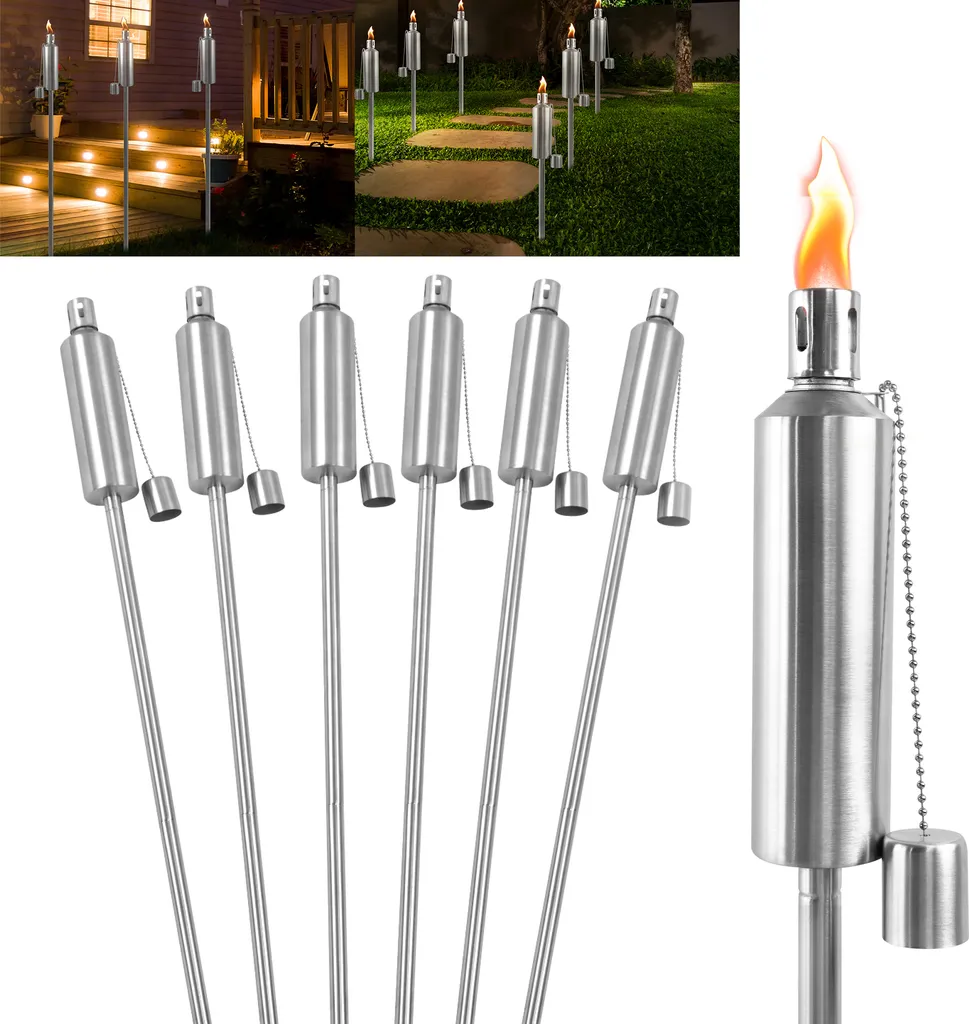 Éclairage Extérieur pour Soirée et Fête - 6 Torches à Huile Inox 115cm