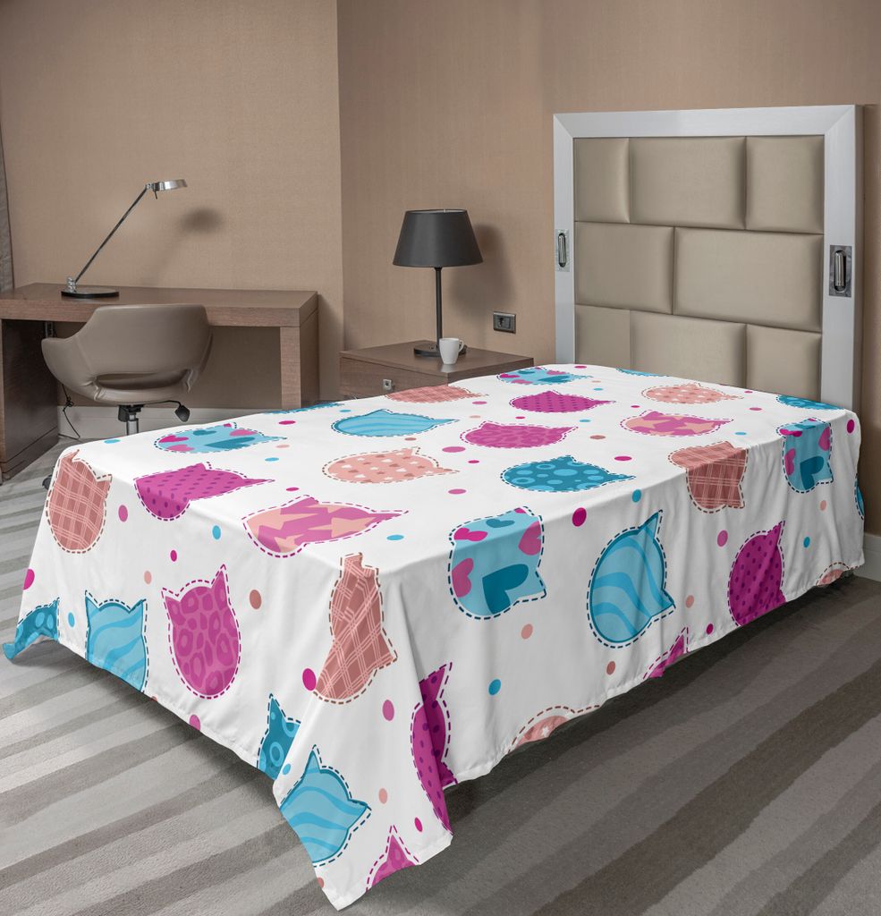 ABAKUHAUS Feminin Bettlaken, Cat Heads Silhouetten Mit Sternen Dots Stripes Überprüfte Muster Patchwork, weiches bequemes oberes Bettlaken für e...