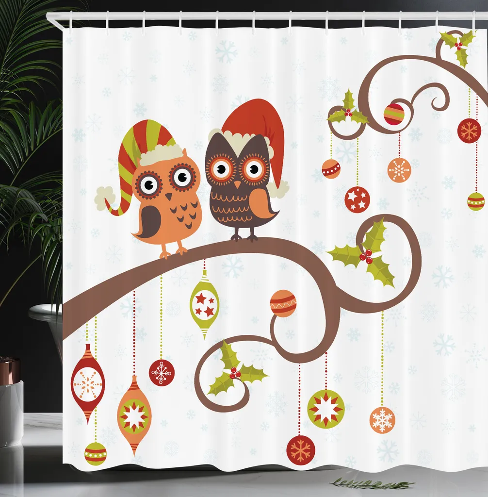 ABAKUHAUS Tenda Doccia Natalizia 175x240 cm con Gufi e Rami Festivi - 4