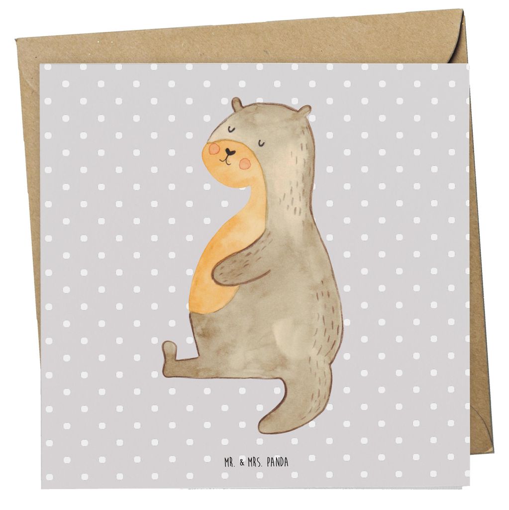 Mr. & Mrs. Panda Grußkarte Otter Bauch - Grau Pastell - Geschenk, voll Gefuttert, Zufrieden, Seeotter See, Sportmuffel, dick, doppelkarte, Glückw...