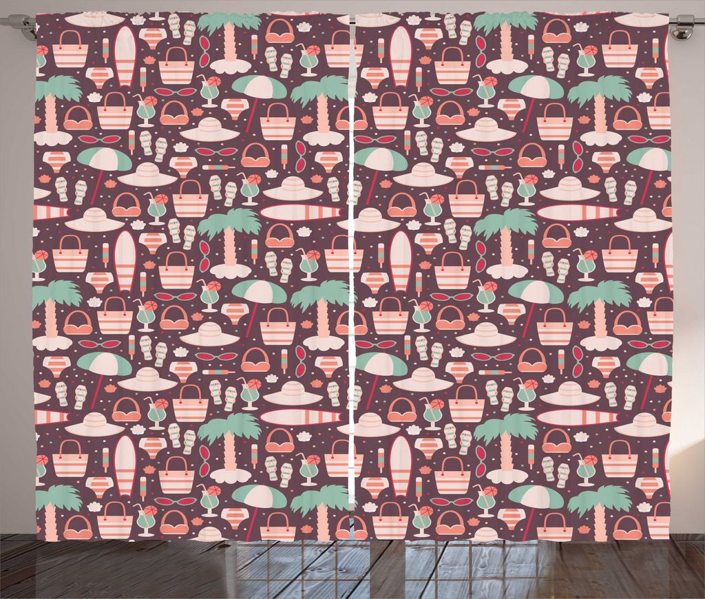 ABAKUHAUS Urlaub Rustikaler Vorhang, Sommerzeit-Strand-Muster, Wohnzimmer Universalband Gardinen mit Schlaufen und Haken, 280 x 225 cm, Mehrfarbig