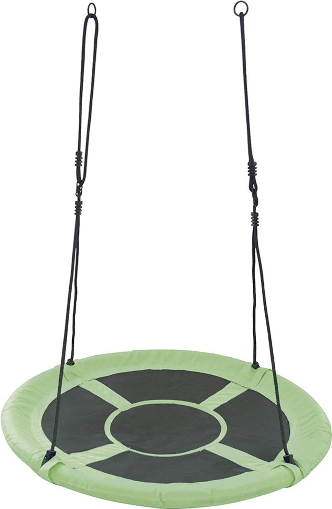 A round, green and black swing suspended by two black ropes against a white background.