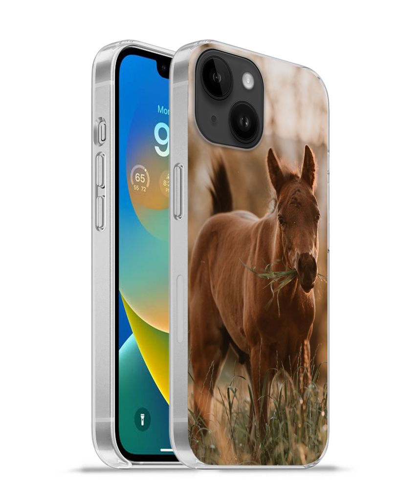 MuchoWow Handyhülle Schutzhülle Hülle für Apple iPhone 14 - Softcase Pferd - Sonne - Gras Silikon Softcase Handy Hülle - Mobiltelefonhülle