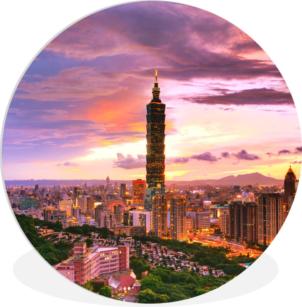 MuchoWow Rundes Wandbild - Runde Bilder Der taiwanesische Wolkenkratzer mit dem bunten Himmel Ø 60 cm Kreis Wanddekoration Kunststoff - Wandkrei...