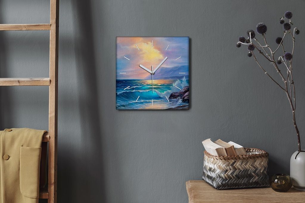 Coloray Hodiny Unikátní 30x30 cm Tiché hodiny Pro obývací pokoj a kuchyň Nástěnné hodiny Plátno Bílé ručičky hodin - Pobřežní vlny...