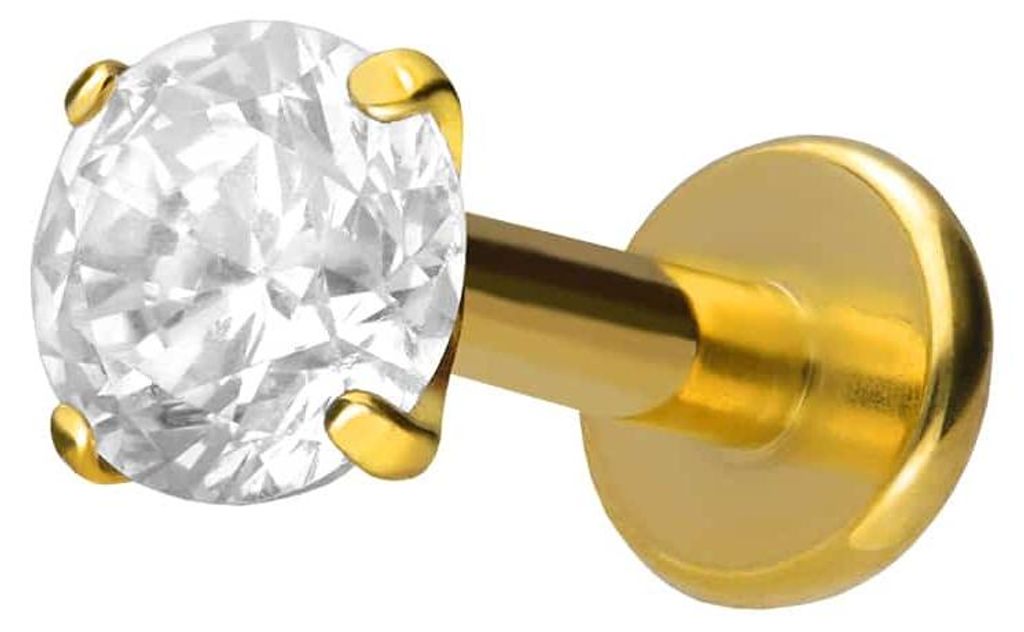 Ohrpiercing, Nasenpiercing Titan Labret mit Innengewinde EINGEFASSTER KRISTALL Gold Stablänge: 7mm | Stabstärke: 1,6mm | Kristallgröße: 4mm