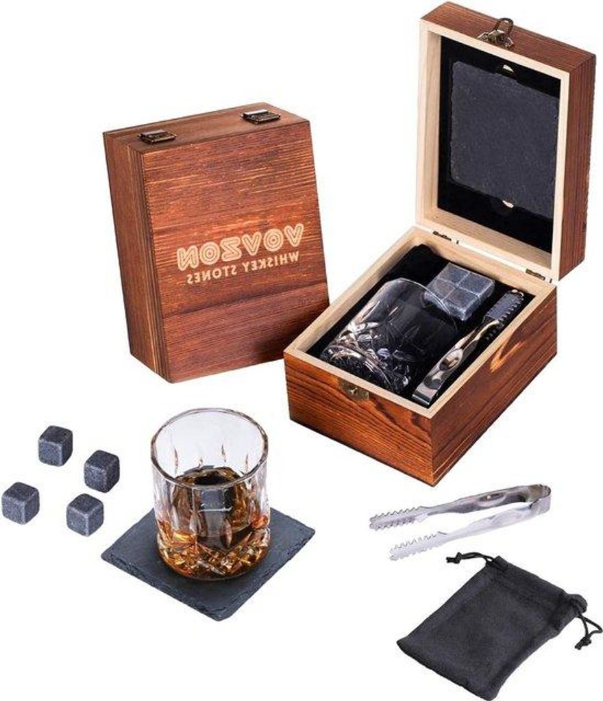 Whisky-Stone-Set mit 4 Kälte-Steinen und Whisky-Glas aus Glas